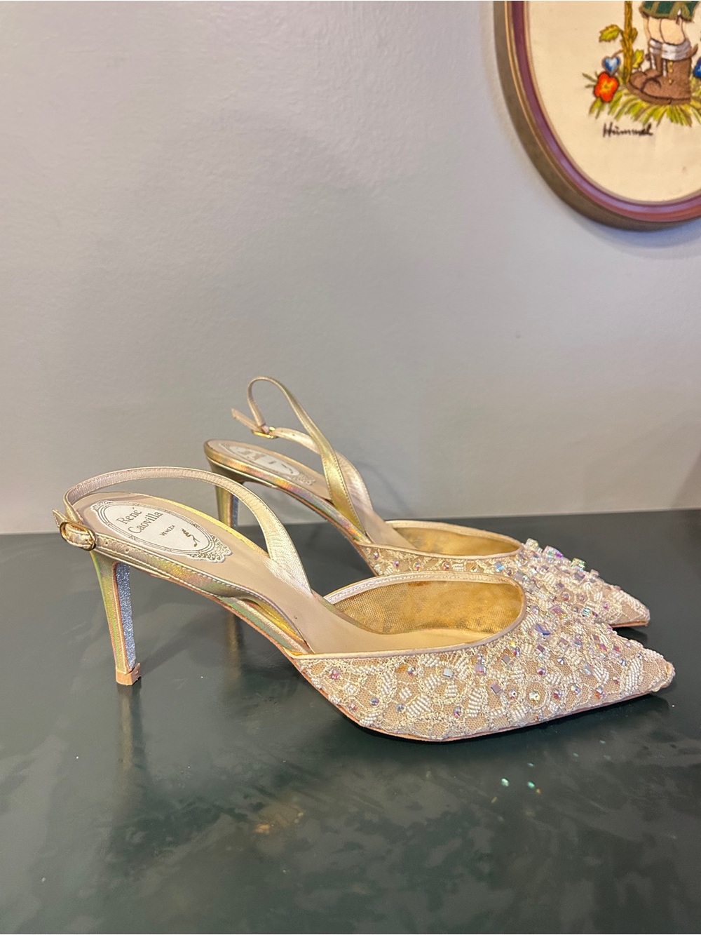 Rene Caovillia Carshena Embellished Floral Appliqué Slingback Heels Cream Silver